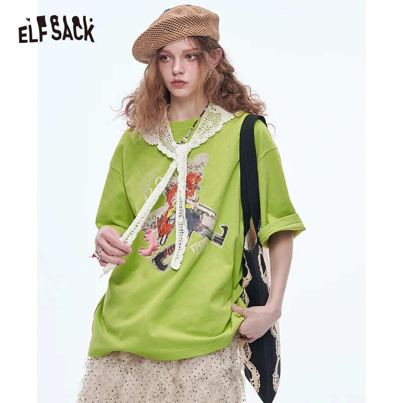 ELFSACK 2025 Spring New Arrivals Lace O-neck Printed Short Sleeve T-shirt Women Dopamine Spring Outfit