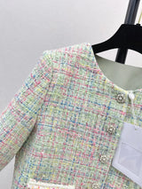 2026 Women Tweed Jacket Multi Yarn Woven Tweed Handmade Woven Edge Trim Carved Decorative Button Cropped Outerwear