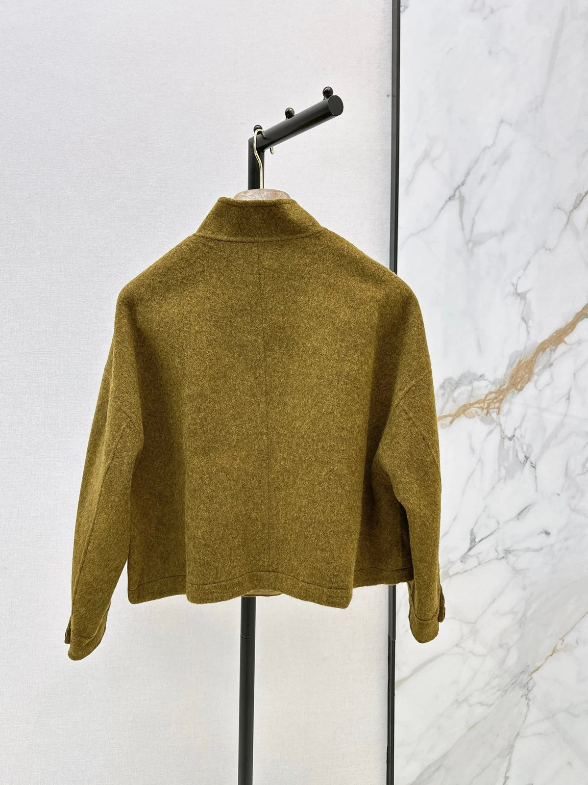 2026 Women Cropped Wool Jacket Double Face Cashmere Stand Collar Diagonal Zip Closure Zip Pocket Cuff Button Detail