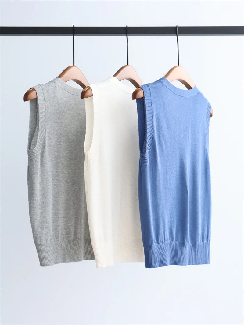 2026 New Women's Clothing Knitted Simple Blazer Lightweight Sleeveless Sweater Elegant Top V-Neck Shirt