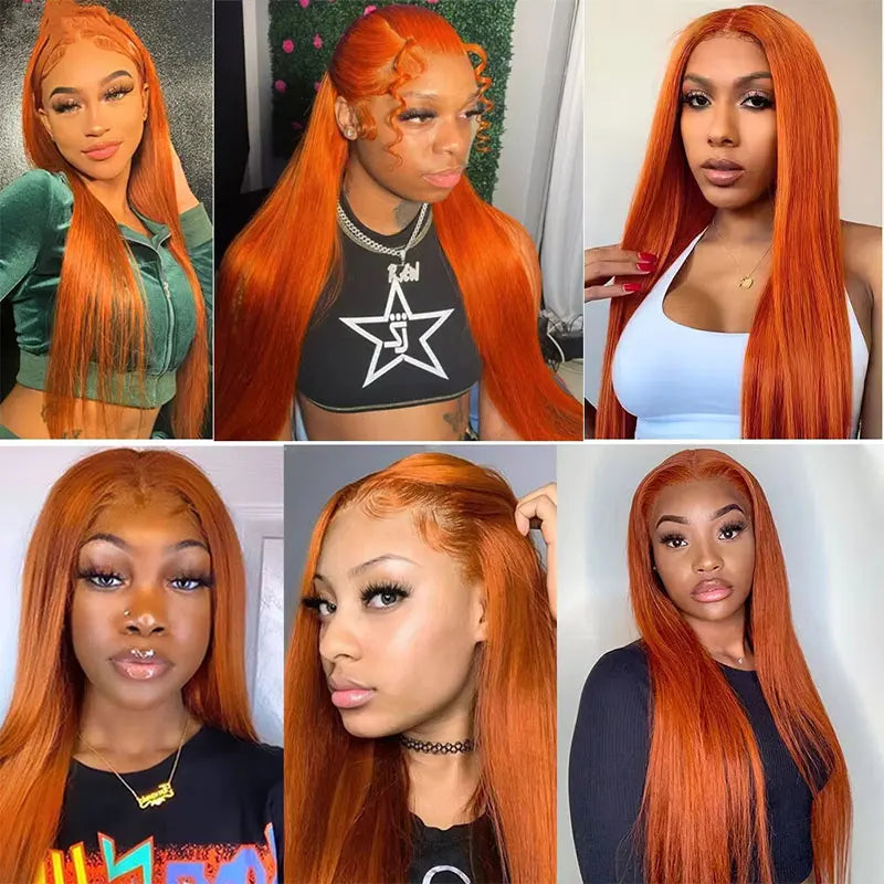 34 Inch Orange Ginger Lace Front Wigs Human Hair For Women Straight 13x4