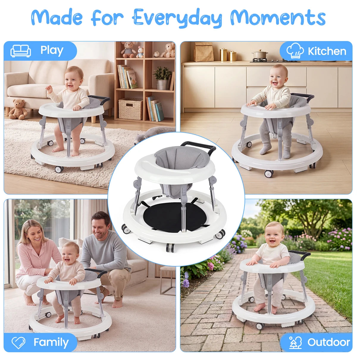 Kmaier Baby Walker, Walker for Babies, Anti‑Rollover Foldable 2‑in‑1 Infant Activity Walker with Rear Push Handle, Multi‑Height Adjustable Metal Support Legs, Removable Washable Seat & Anti‑Slip Wide Safety Base for Toddlers 6‑18 Months