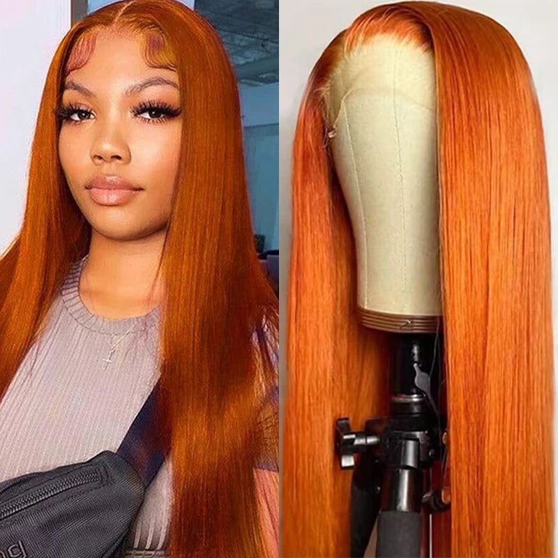 34 Inch Orange Ginger Lace Front Wigs Human Hair For Women Straight 13x4