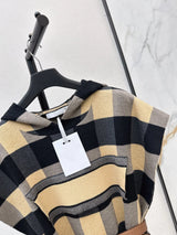 2026 Women Cape Coat Hooded Plaid Pattern Wool Fabric H Line Cut Brown Waist Belt Fringe Edge Fall Winter Outer Garment