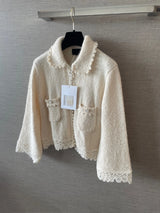 2026 Women Sweater Cropped Knit Cardigan Doll Collar Lace Crochet Trim Flared Sleeve Patch Pockets Textured Knit Fabric