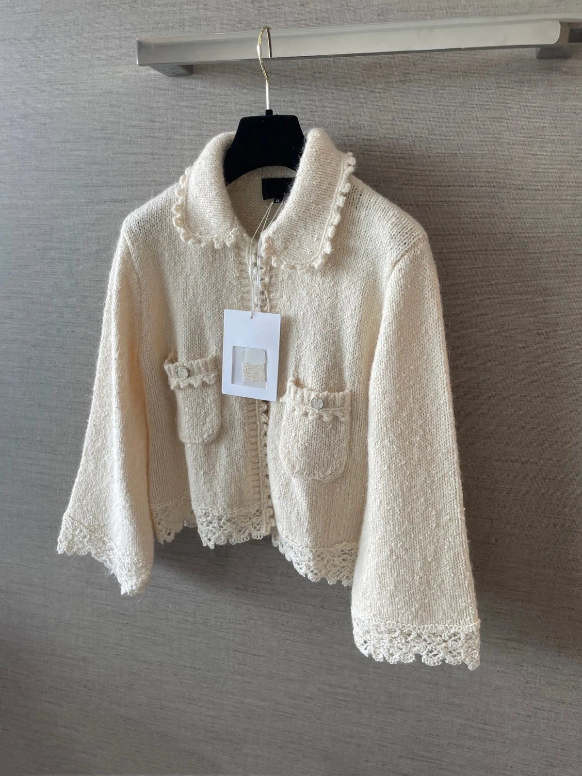 2026 Women Sweater Cropped Knit Cardigan Doll Collar Lace Crochet Trim Flared Sleeve Patch Pockets Textured Knit Fabric