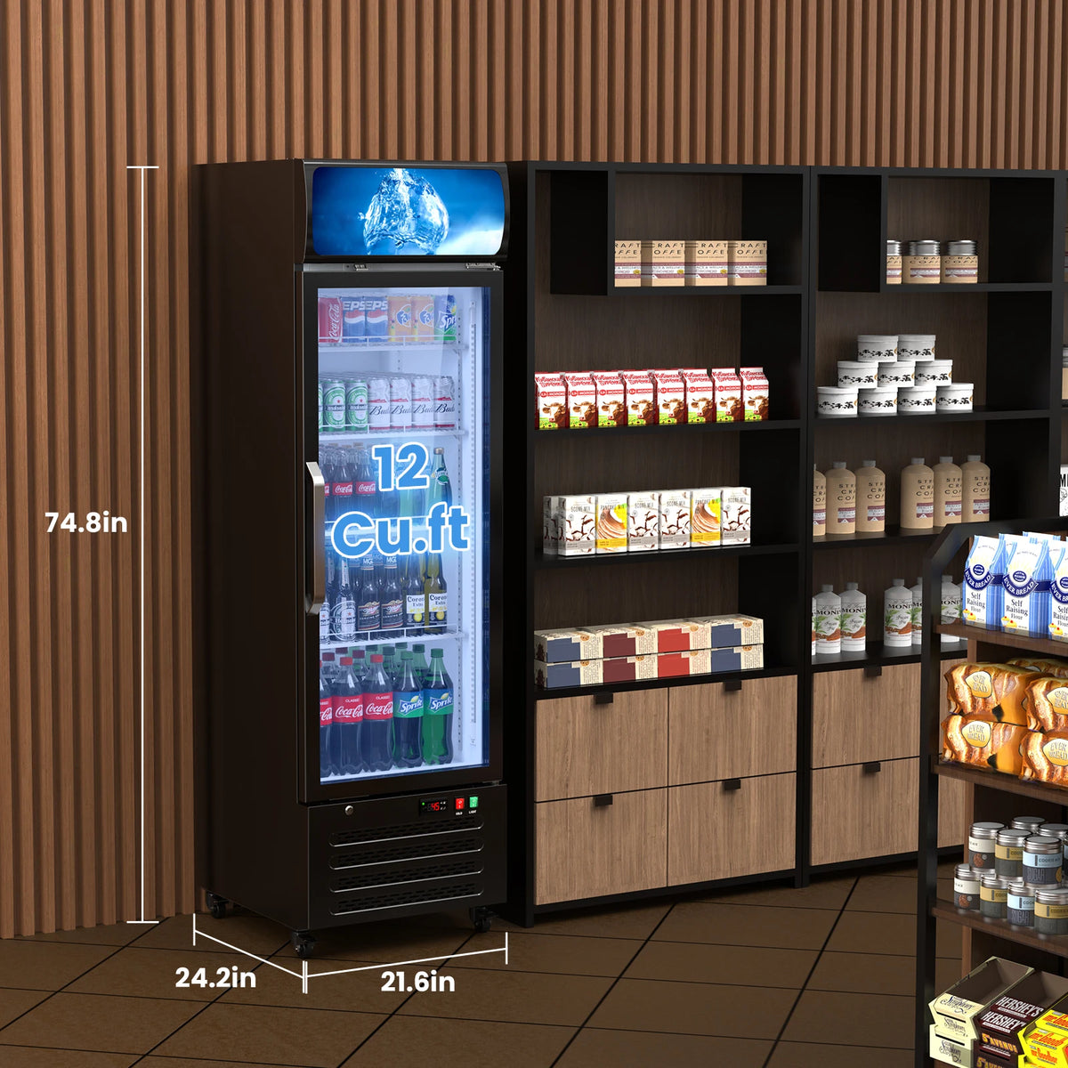 14.8 Cu Ft Commercial Merchandiser Refrigerator Glass Door Upright Beverage Display Fridge Cooler with Front LED Light for Shop