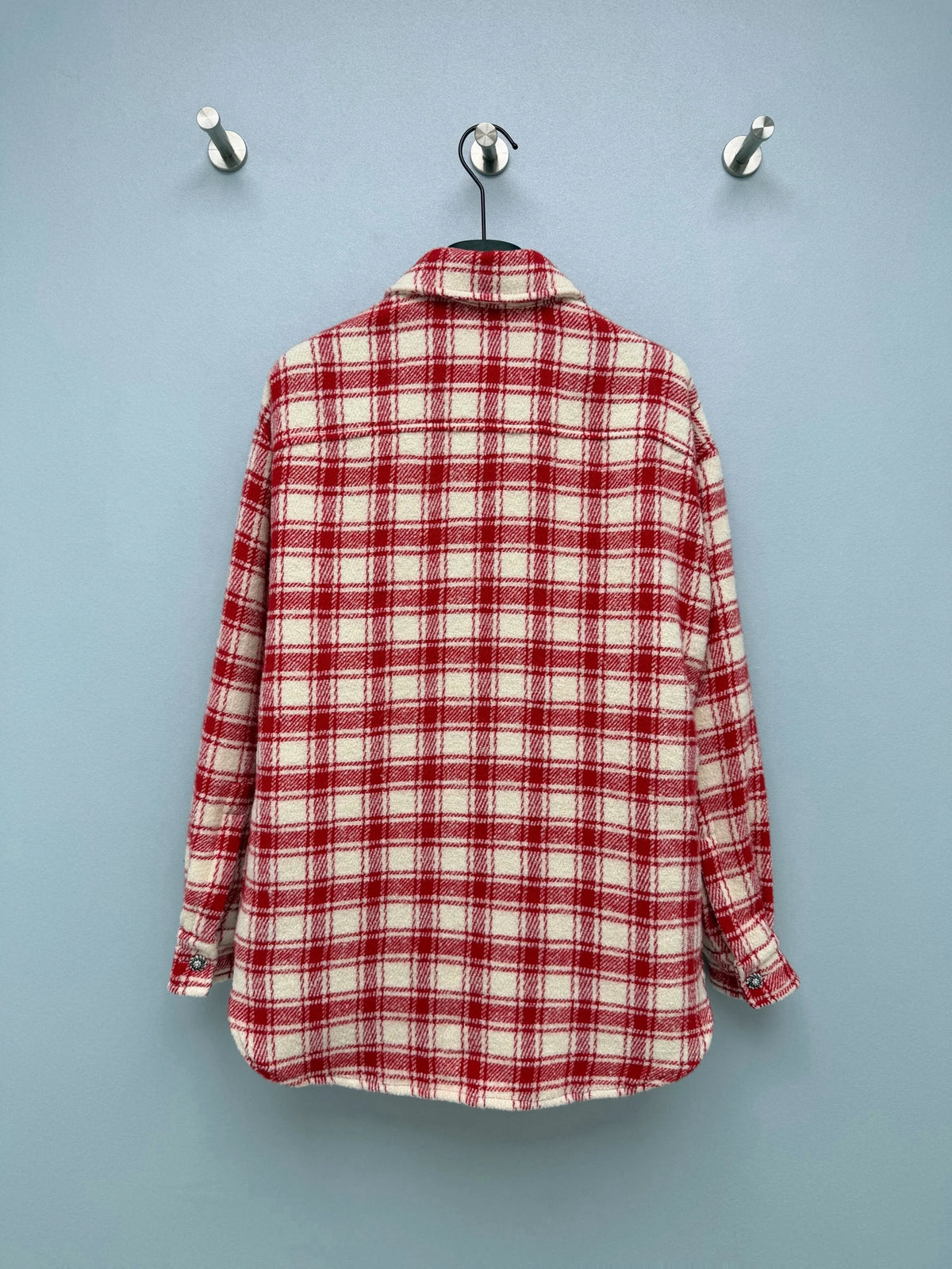 2026 Women Shirt Jacket Red White Plaid Wool Blend Collar Drop Shoulder Rhinestone Buttons Chain Dual Pockets Outerwear