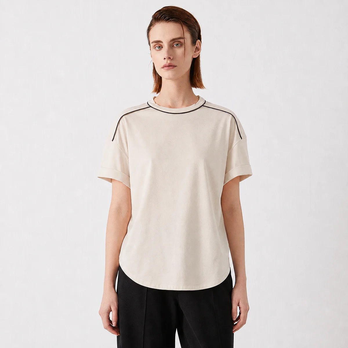 KL7513242 Women's Light Luxury High-Quality Cotton Blend T-Shirt with Contrasting Chain Detail Pullover Style