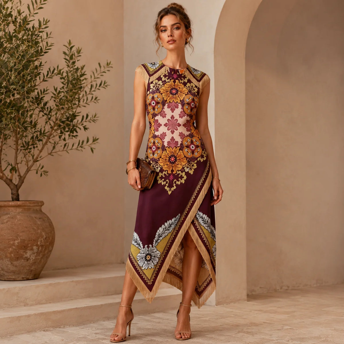 Vintage Bohemian Scarf Print Midi Dress Women Elegant Floral Sleeveless Wrap Dress Summer Asymmetrical Handkerchief Hem Fringe