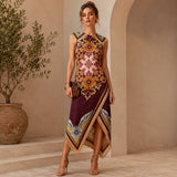 Vintage Bohemian Scarf Print Midi Dress Women Elegant Floral Sleeveless Wrap Dress Summer Asymmetrical Handkerchief Hem Fringe