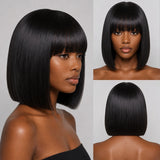 Short Straight Bob Wig Human Hair with Bangs 3x1 Lace Middle Part Full Machine Made Natural Black Wig for Black Women