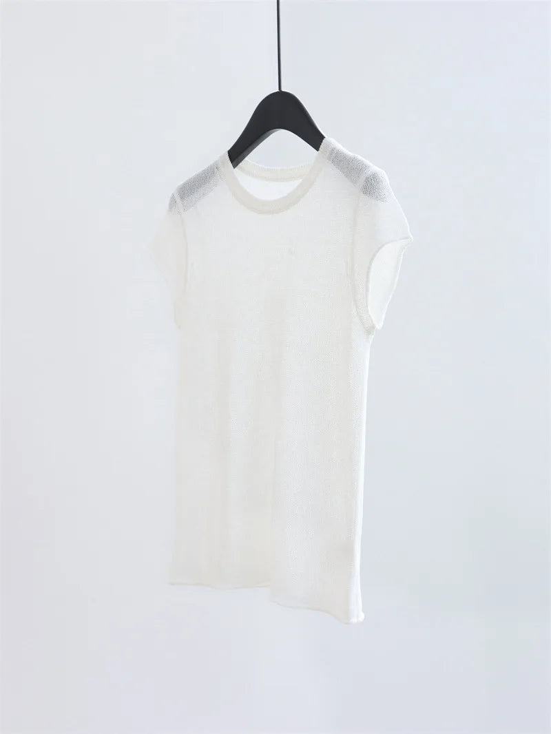 2026 Model: Round-necked Shoulder-Padded Knit Top for Summer - Simple Casual Commute Hoodie - Lightweight T-shirt