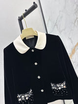 2026 Women Autumn Winter Velvet Contrast Collar Rhinestone Cropped Jacket ZX3102
