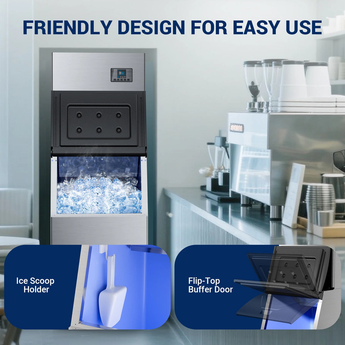 Commercial Ice Maker 300LBS Ice Storage Bin, Adjustable Steel Feet, Commercial Ice Maker Machine Head 580 LBS/24h, 132 Ice Cubes