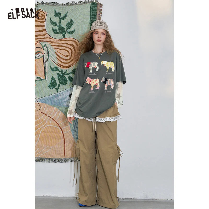 ELFSACK Mesh Splicing Printed Long Sleeve T-Shirt Summer 2024 New Arrivals Breathable Comfortable Casual Print Top for Men