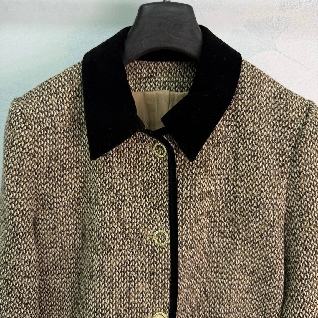 2026 Women Autumn Color Block Collar Tweed Short Jacket ZX3106