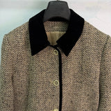 2026 Women Autumn Color Block Collar Tweed Short Jacket ZX3106