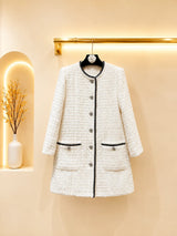 2026 Women Tweed Jacket Mid‑Length Round Neck Weave Fabric Contrast Tape Trim Metal Button Closure