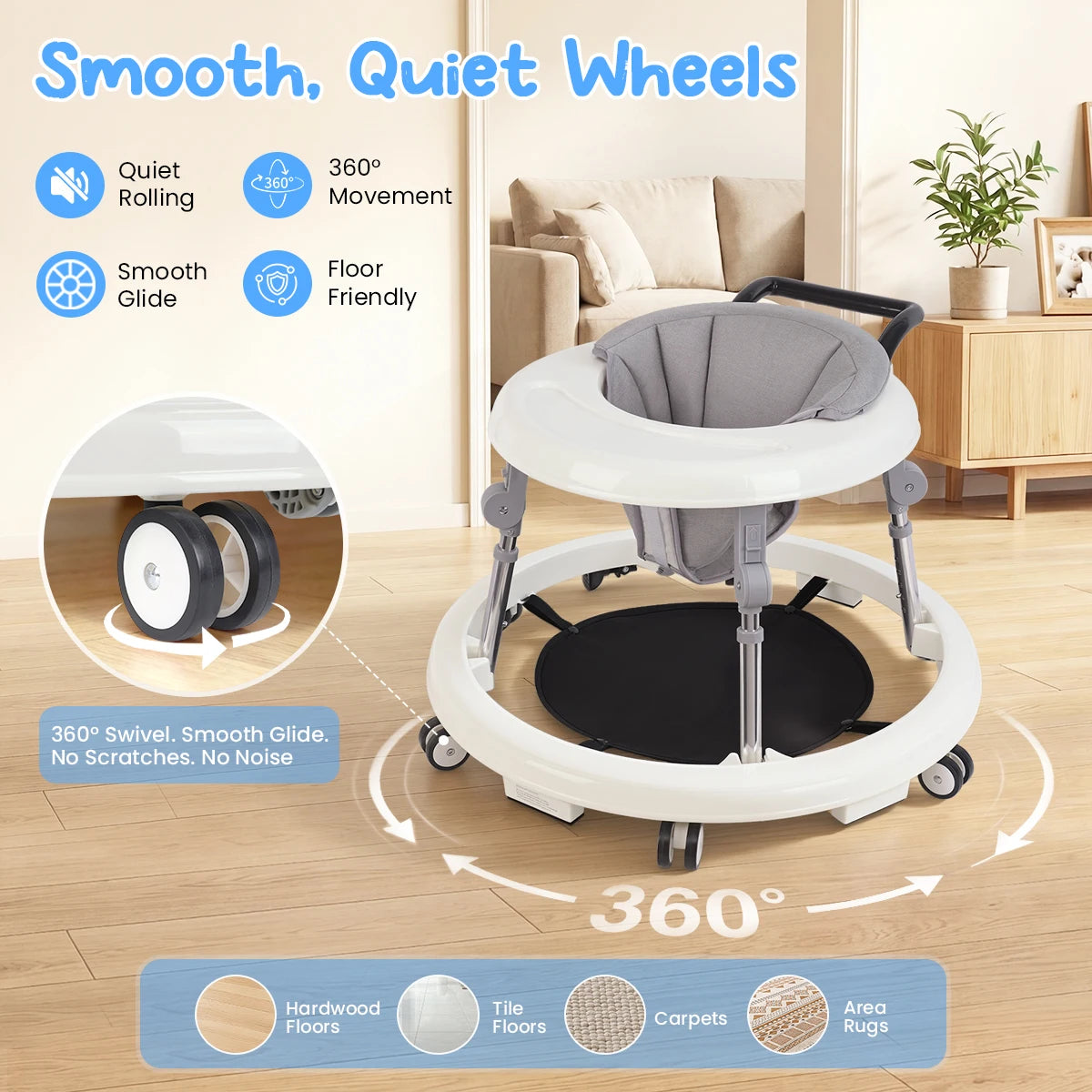 Kmaier Baby Walker, Walker for Babies, Anti‑Rollover Foldable 2‑in‑1 Infant Activity Walker with Rear Push Handle, Multi‑Height Adjustable Metal Support Legs, Removable Washable Seat & Anti‑Slip Wide Safety Base for Toddlers 6‑18 Months