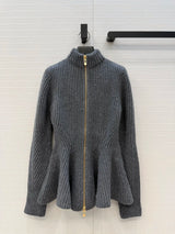 2026 Women Autumn Winter Fitted Flared Hem Zip‑Up Knit Coat ZX5703