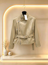 2026 Women Autumn Winter Stand Collar Waist Belt Biker Cropped Jacket ZX3105