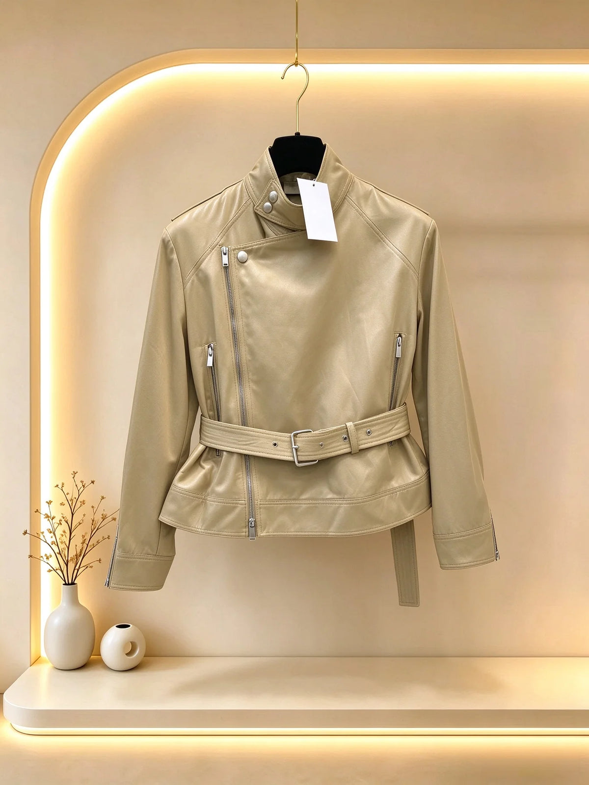 2026 Women Autumn Winter Stand Collar Waist Belt Biker Cropped Jacket ZX3105