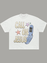 Vintage Style Call On Jesus Graphic Tee 100% Cotton Men's T-Shirt Retro Flip Phone Design Religious Faith Casual Short Sleeve Top 220g