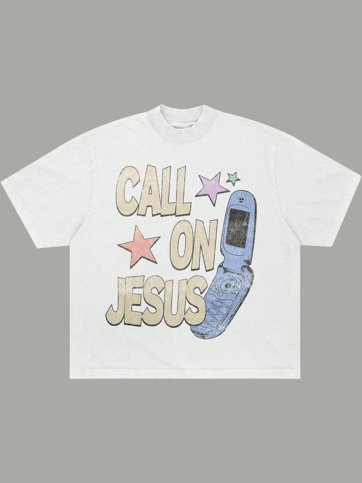Vintage Style Call On Jesus Graphic Tee 100% Cotton Men's T-Shirt Retro Flip Phone Design Religious Faith Casual Short Sleeve Top 220g