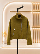 2026 Women Cropped Wool Jacket Double Face Cashmere Stand Collar Diagonal Zip Closure Zip Pocket Cuff Button Detail