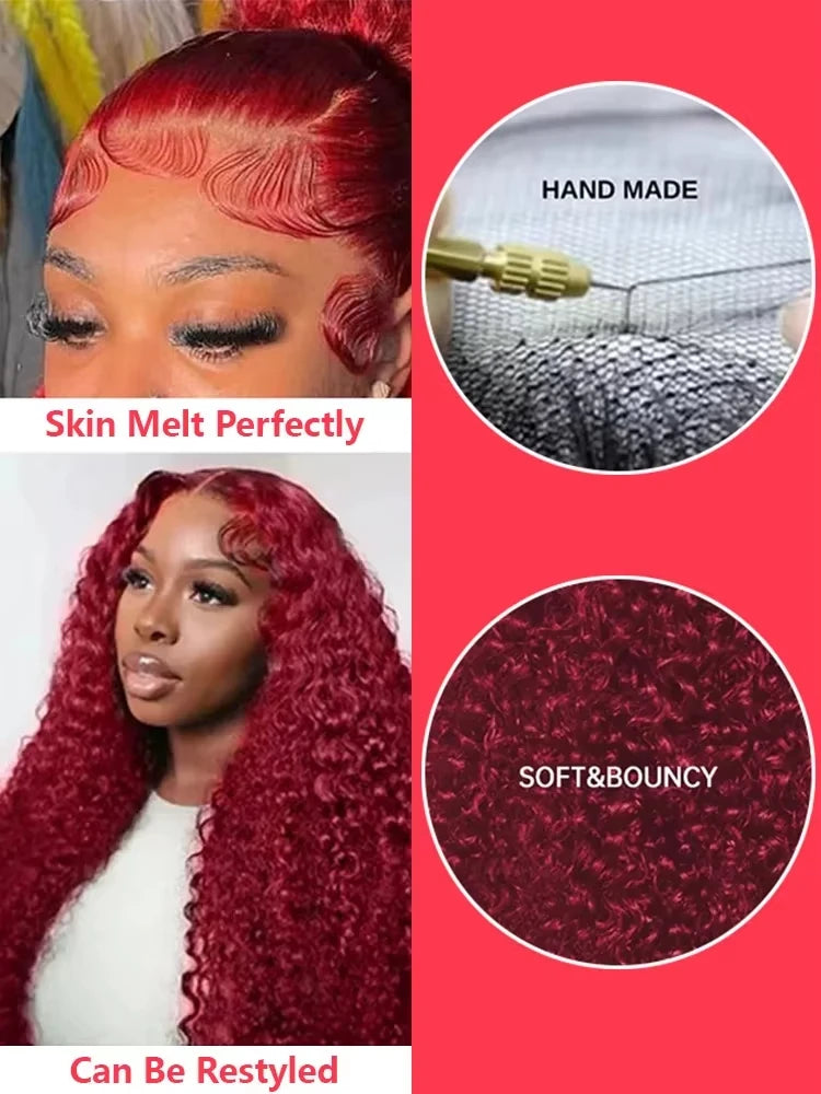 30 40 Inch Burgundy 99j Deep Wave Frontal Wig Colored Curly Human Hair