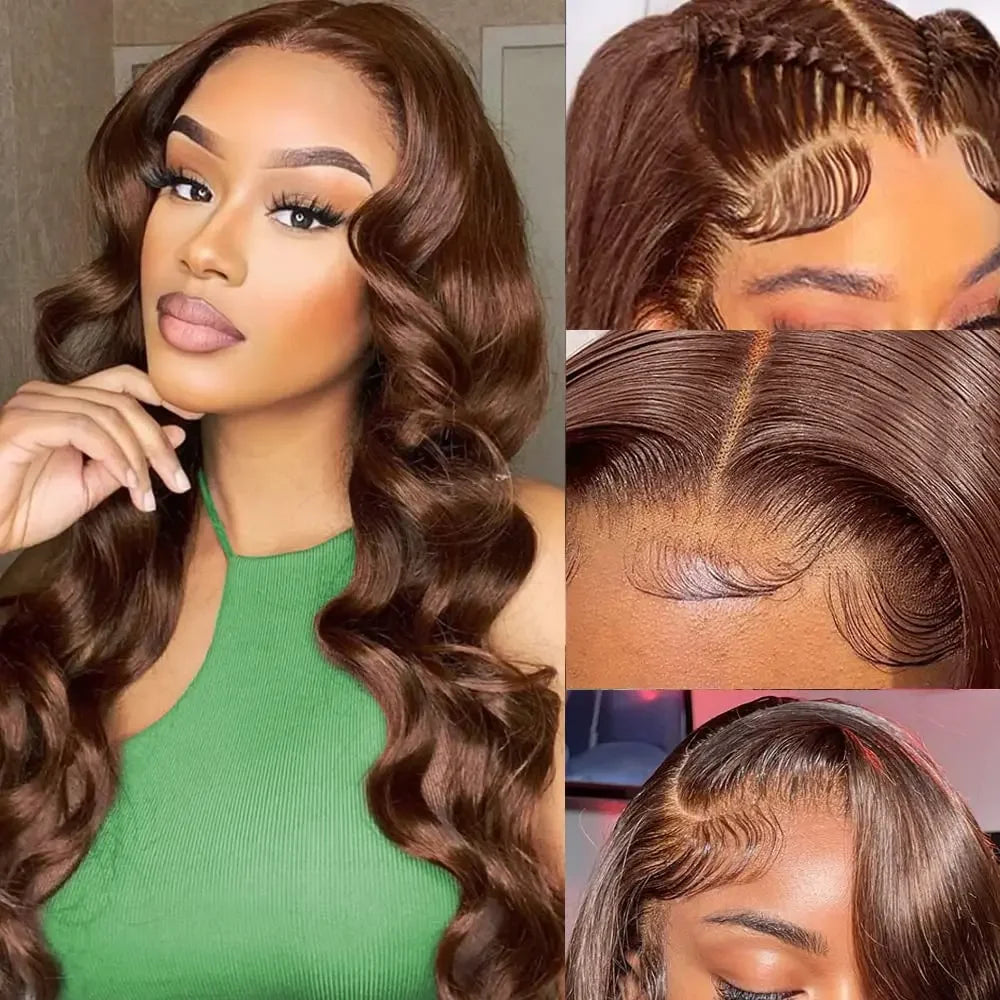 34 Inch Body Wave Chocolate Brown Lace Front Wigs Human Hair Pre Plucked