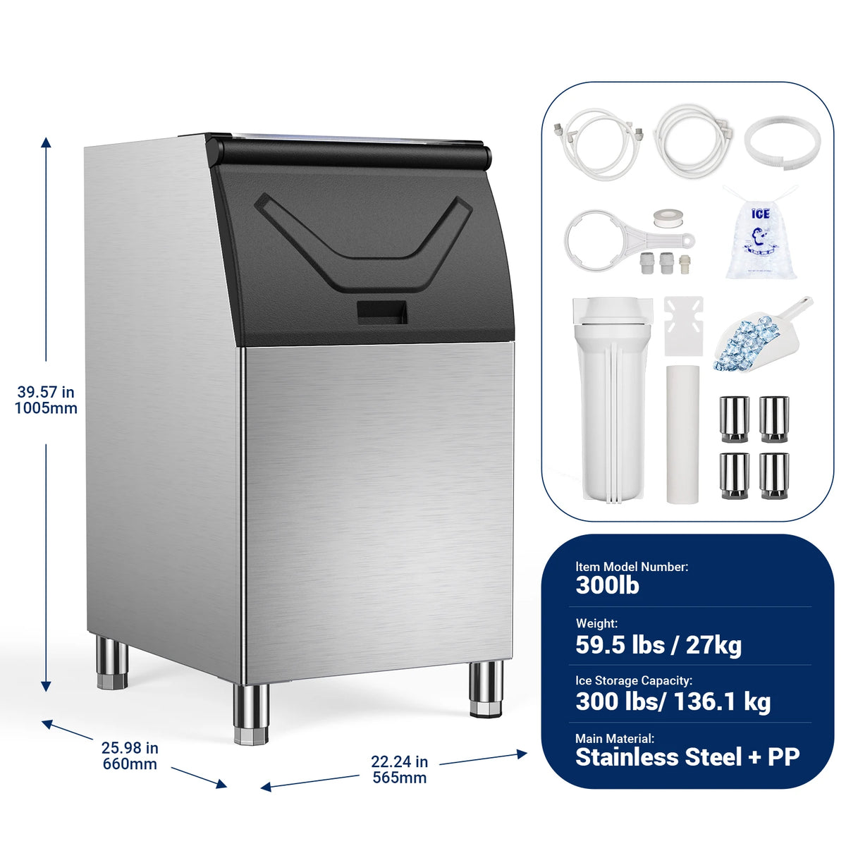 Commercial Ice Maker 300LBS Ice Storage Bin, Adjustable Steel Feet, Commercial Ice Maker Machine Head 580 LBS/24h, 132 Ice Cubes