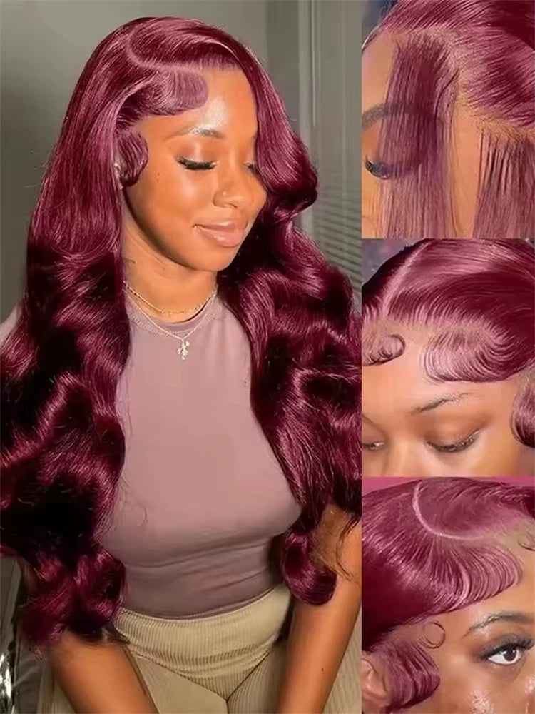 99j Burgundy 13x6 HD Lace Frontal Human Hair Wig Body Wave 200 250 Density 30 40 Inch Red Colored Lace Frontal Wigs Brazilian
