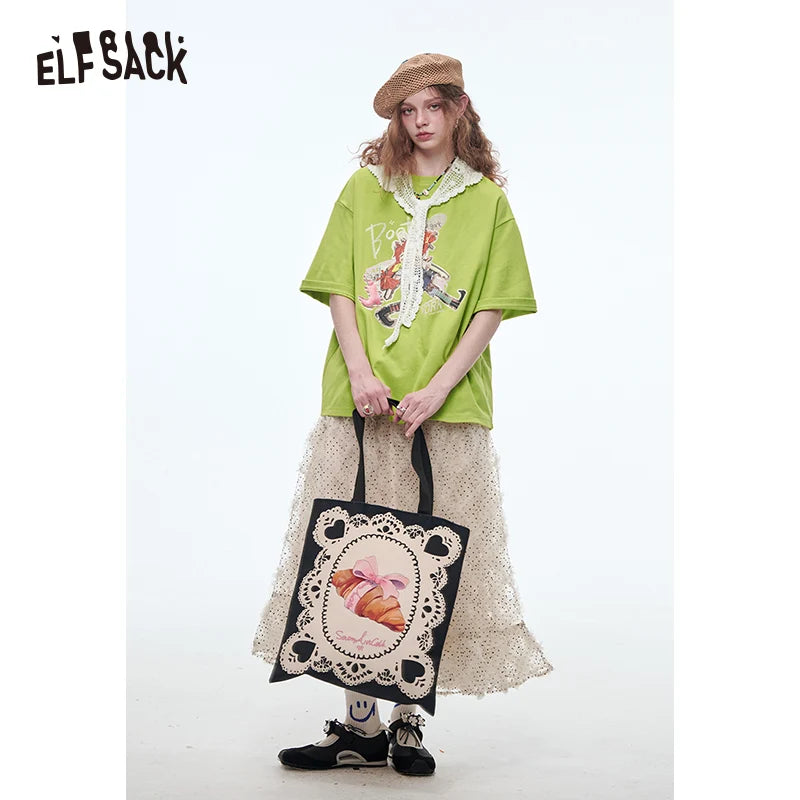 ELFSACK 2025 Spring New Arrivals Lace O-neck Printed Short Sleeve T-shirt Women Dopamine Spring Outfit