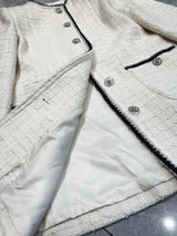 2026 Women Tweed Jacket Mid‑Length Round Neck Weave Fabric Contrast Tape Trim Metal Button Closure