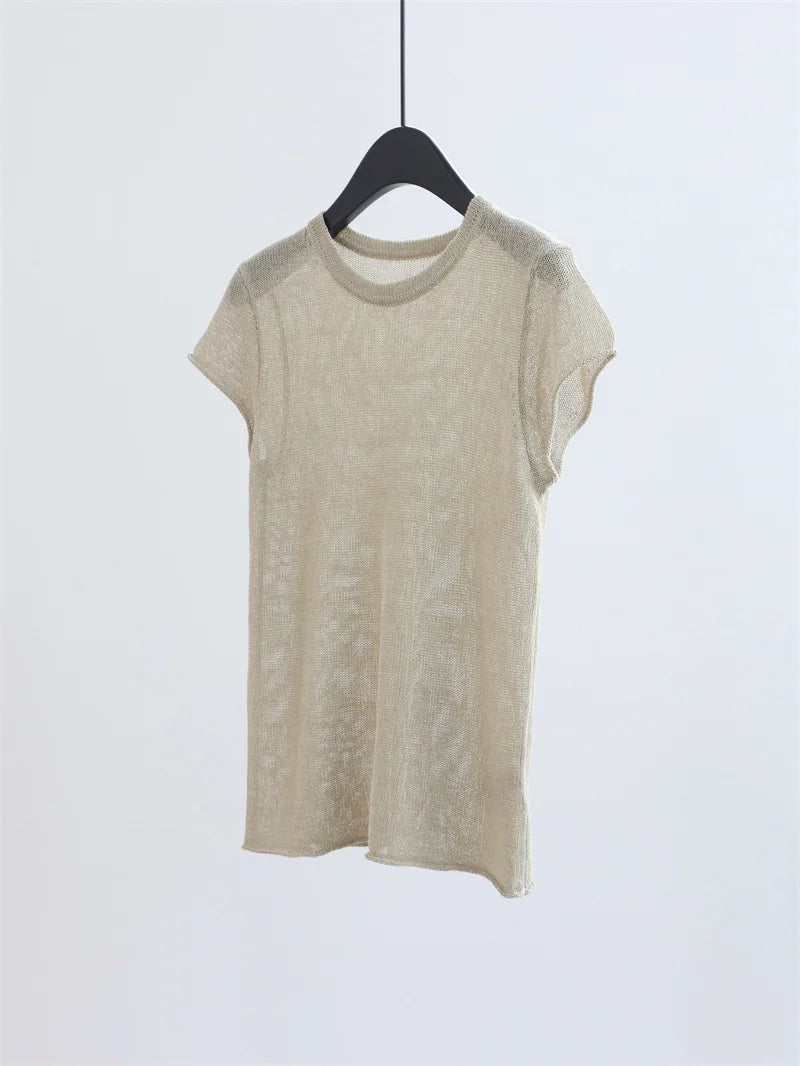 2026 Model: Round-necked Shoulder-Padded Knit Top for Summer - Simple Casual Commute Hoodie - Lightweight T-shirt