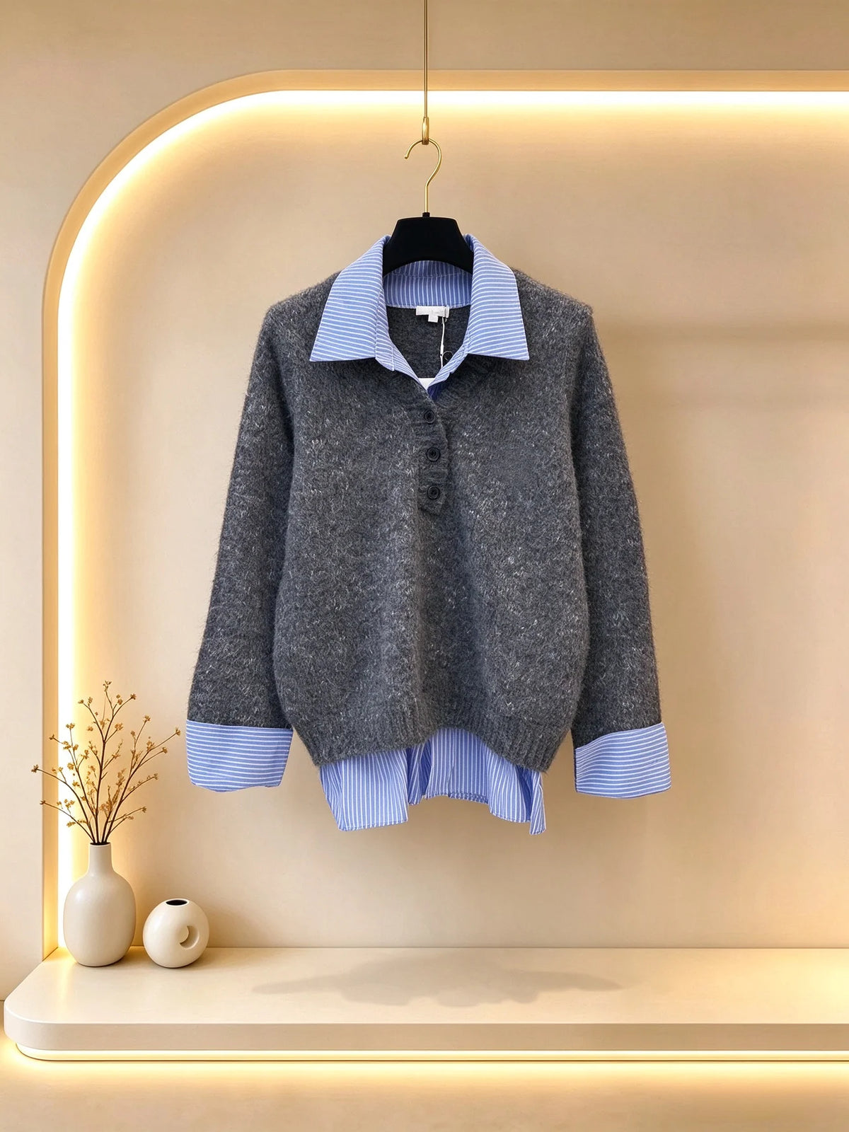 2026 Women Autumn Fake Two-piece Spliced Knit Top ZX3107