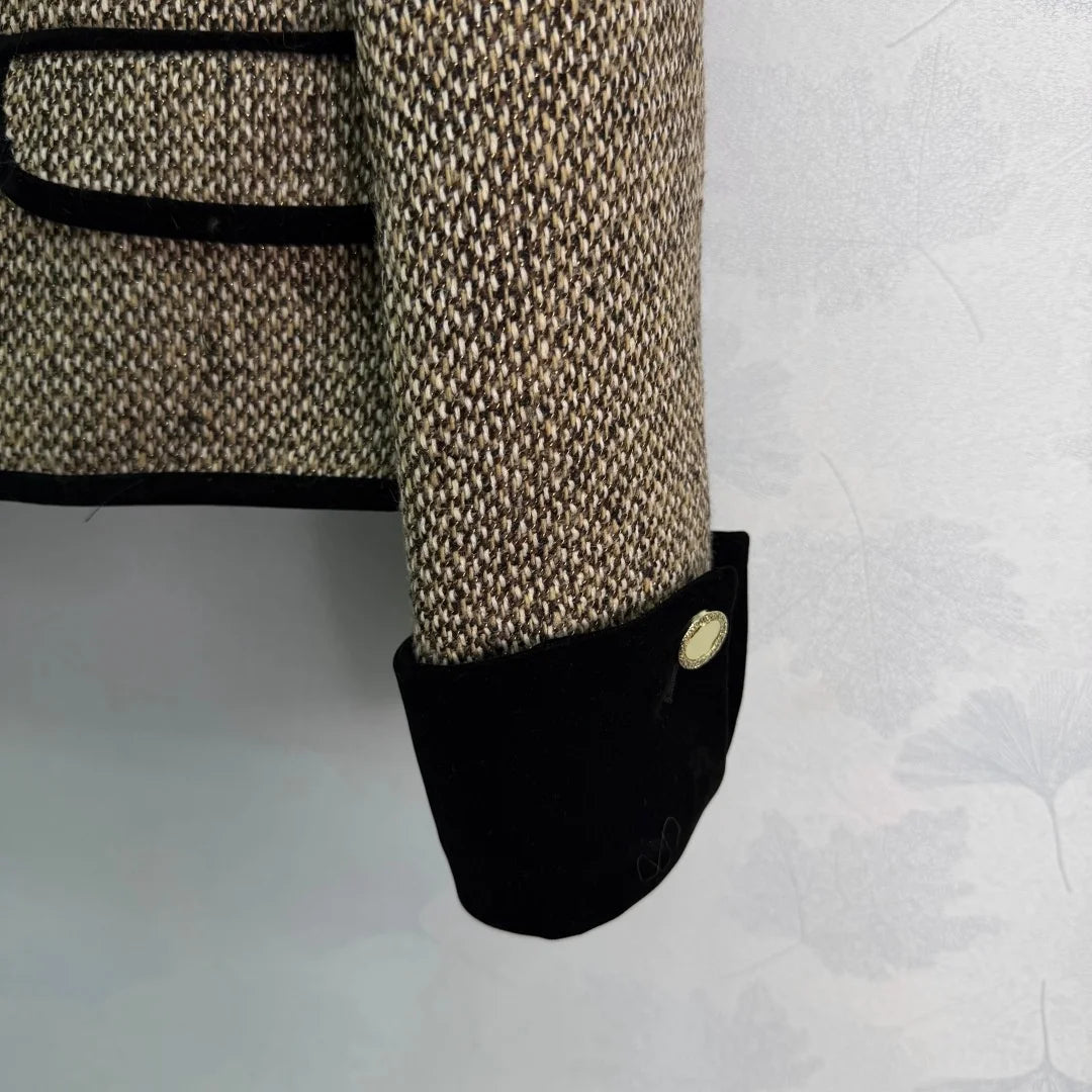 2026 Women Autumn Color Block Collar Tweed Short Jacket ZX3106