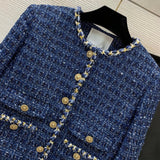 2026 Women Tweed Jacket Cropped Round Neck Long Sleeve Hem Metal Chain Braided Trim Gold Relief Buttons