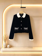 2026 Women Autumn Winter Velvet Contrast Collar Rhinestone Cropped Jacket ZX3102