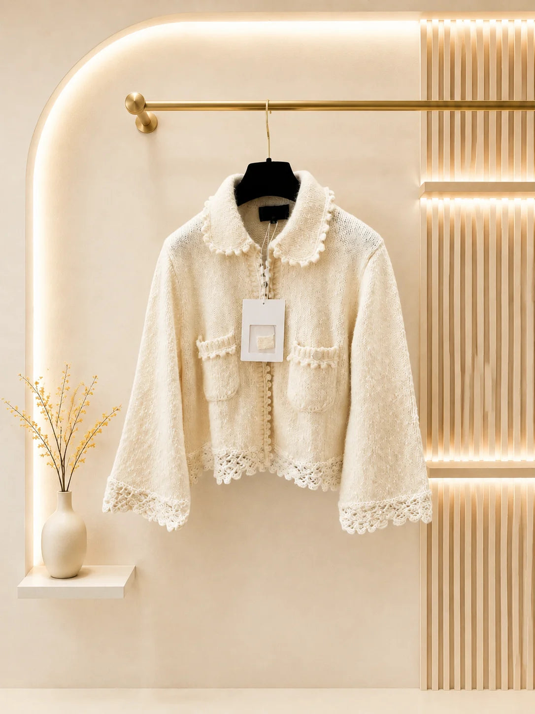 2026 Women Sweater Cropped Knit Cardigan Doll Collar Lace Crochet Trim Flared Sleeve Patch Pockets Textured Knit Fabric