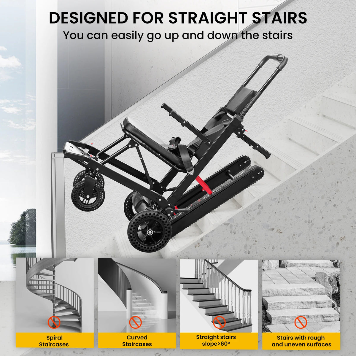 Electric Stair Climbing Chair Foldable Emergency Stair Lift Wheelchair Battery Operated for Elderly Disabled 440 lbs Max Load
