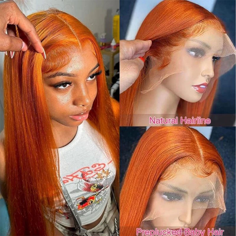 34 Inch Orange Ginger Lace Front Wigs Human Hair For Women Straight 13x4