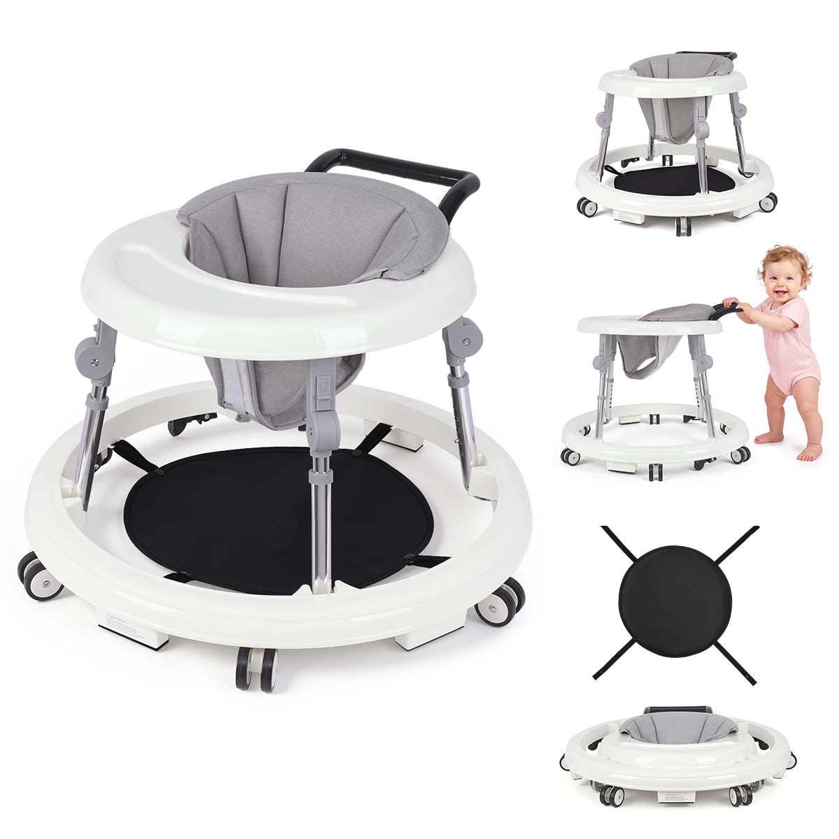 Kmaier Baby Walker, Walker for Babies, Anti‑Rollover Foldable 2‑in‑1 Infant Activity Walker with Rear Push Handle, Multi‑Height Adjustable Metal Support Legs, Removable Washable Seat & Anti‑Slip Wide Safety Base for Toddlers 6‑18 Months