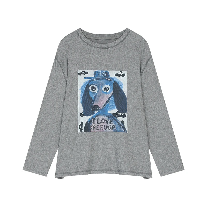 ELFSACK Graffiti Puppy Print Round Neck Long Sleeve T-Shirt For Women