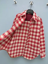 2026 Women Shirt Jacket Red White Plaid Wool Blend Collar Drop Shoulder Rhinestone Buttons Chain Dual Pockets Outerwear
