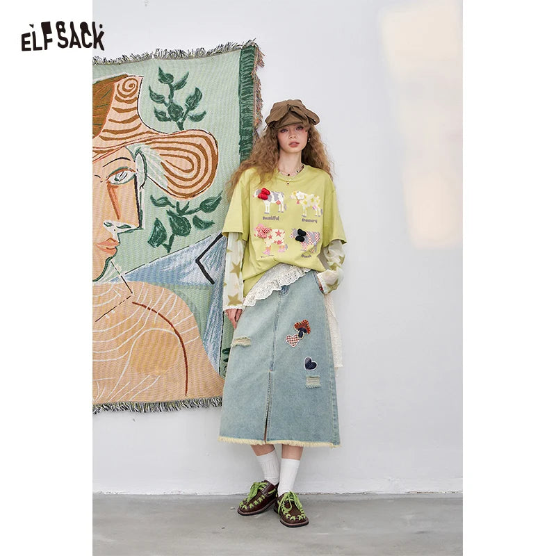 ELFSACK Mesh Splicing Printed Long Sleeve T-Shirt Summer 2024 New Arrivals Breathable Comfortable Casual Print Top for Men