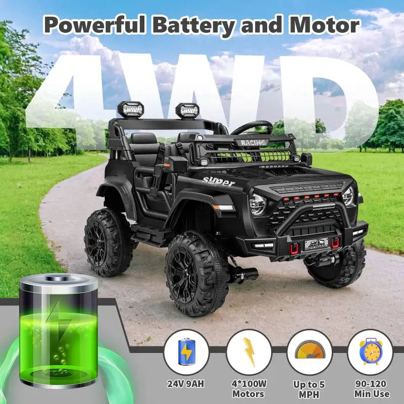 24V 2 Seater Electric Ride on Car with Remote Control for Kids w/20 Inch Wide Seat, 4x100W Motor, LED Headlight & Music Player