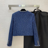 2026 Women Tweed Jacket Cropped Round Neck Long Sleeve Hem Metal Chain Braided Trim Gold Relief Buttons